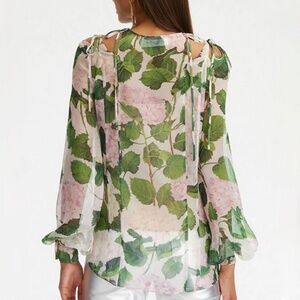 OSCAR DE LA RENTA Bow-Detailed Floral Print Silk-Chiffon Blouse Sz12
